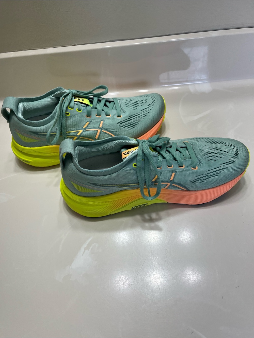 ASICS Gel Kayano 31 running shoes. Mint green with Neon Yellow & Coral Accents. - Picture 3 of 6